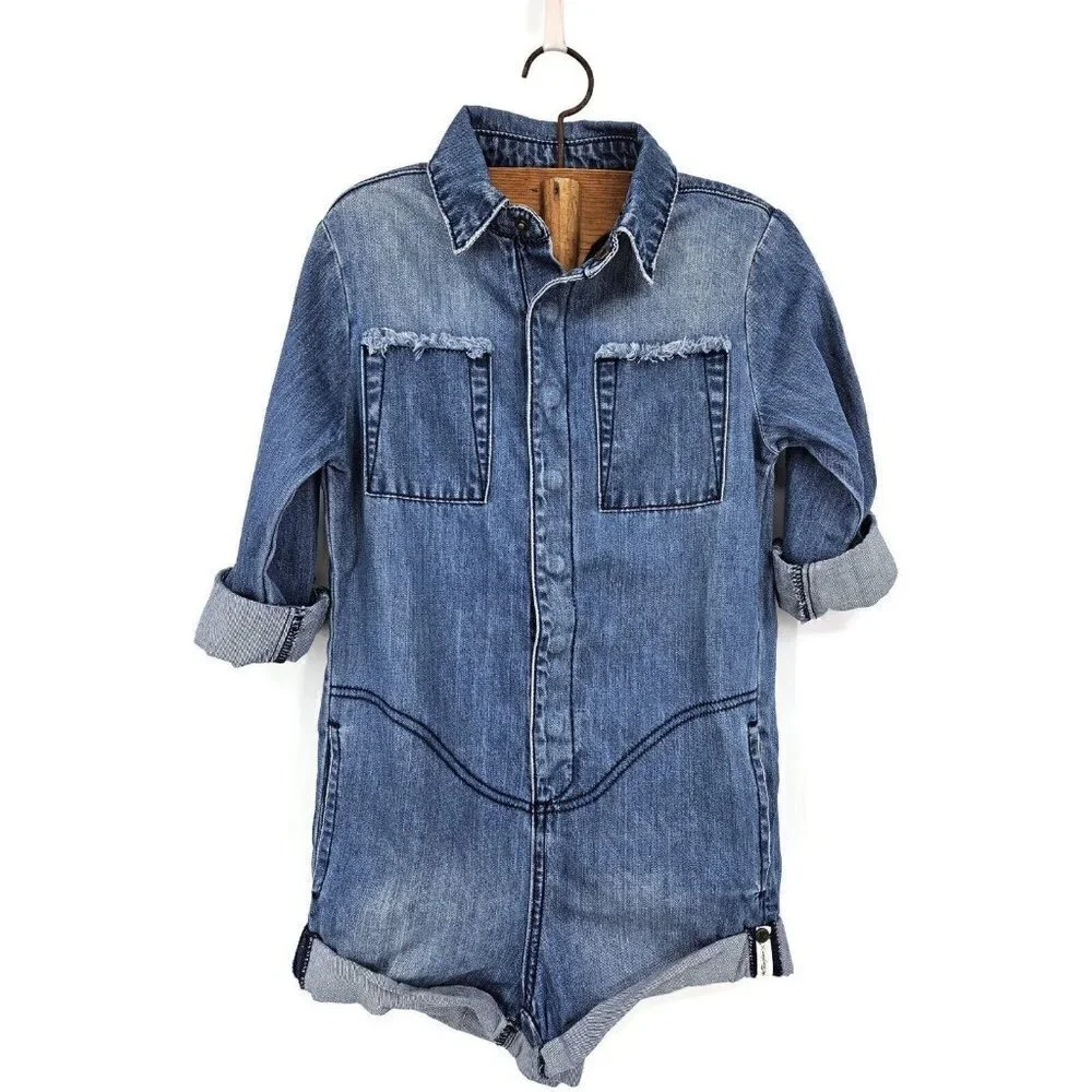 New One Teaspoon Ranch Denim Jumpsuit Girls Kids 5-6 Prophecy Blue Long Sleeve